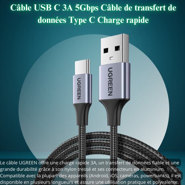 UGREEN Câble USB-C 3A 5 Gbps – Charge rapide & transfert de données (USB-A ↔︎ USB-C)