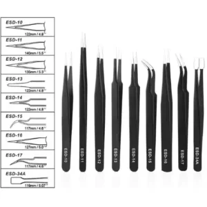 9PCS Kit pince à épiler en acier inoxydable ESD noir antistatique pour réparation électronique