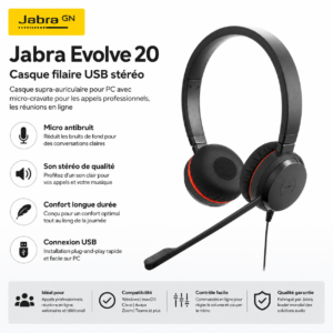 Jabra Evolve 20 Casque filaire USB A et C  stéréo supra-auriculaire avec micro antibruit pour PC et réunions en ligne