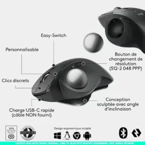 Logitech MX Ergo S Souris Trackball Sans Fil Ergonomique Rechargeable USB-C